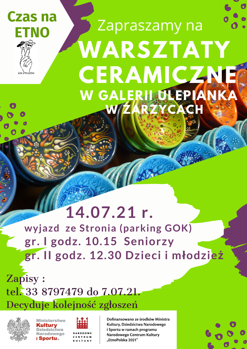 Zapraszamy Seniorów na wycieczkę do Galerii Ulepianka w na warsztaty ceramiczne oraz zwiedzanie skansenu w Zarzycach Wielkich . Wyjazd 14.07.2021 r.