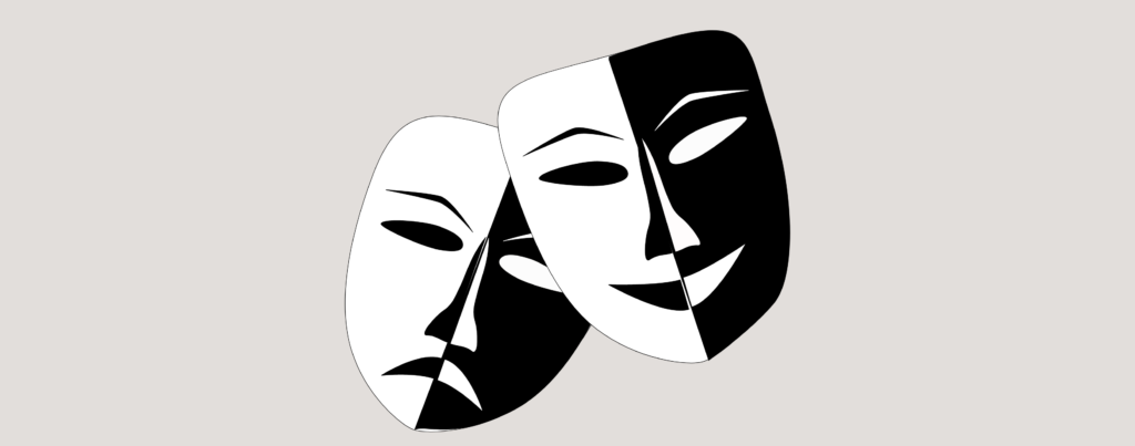 Grafika przedstawiająca maski teatralne w kolorach biĄŁO CZARNYM