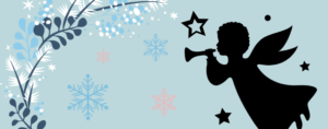 Grafika przedstawiająca cień aniołka grającego na trąbce na niebieskim tle. z boku szkic płatków śniegu