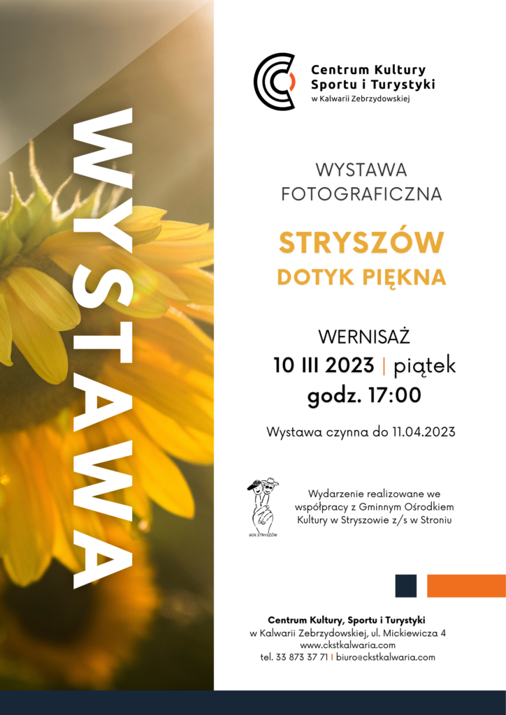 Plakat wystawy - zdjęcie kwiatu słonecznika z napisem "wystawa" a obok informacja wernisaż - 10 marca 2023 godzina 17