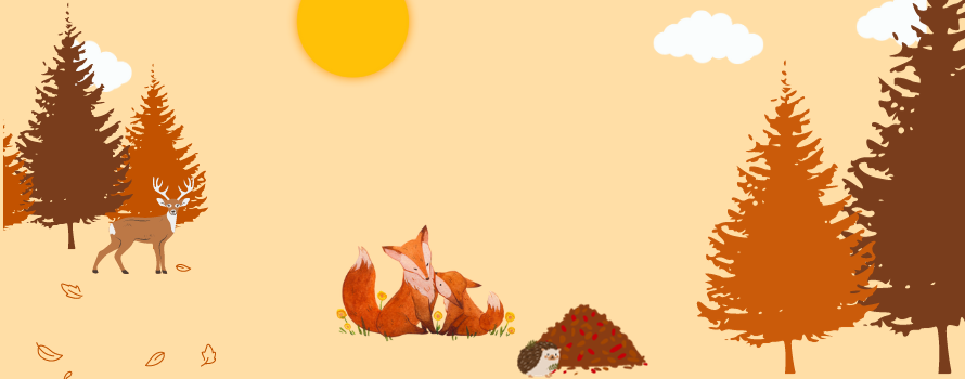 Grafika przedstawiająca lisy, jeże i jesienny las