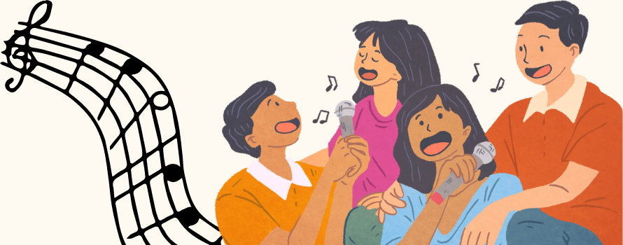 Grupa ludzi z otwartymi ustami wyglądają na śpiewających a obok rysunek pięciolinii