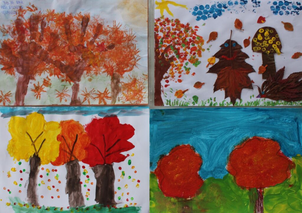 cztery prace plastyczne o tematyce jesiennej z konkursu plastycznego „Paleta dla Przedszkolaka” - drzewa jesienne