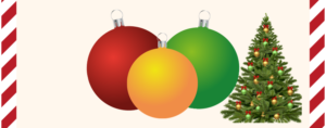 Grafika przedstawiająca trzy okrągłe bombki świąteczna - jedna żółta, druga zielona a trzecia czerwona, w tle ubrane drzewko