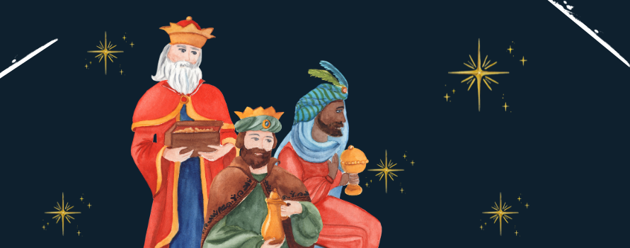 Grafika przedstawiająca rysunki trzech ludzi w szatach z darami w rękach. W tle niebo z gwiazdami