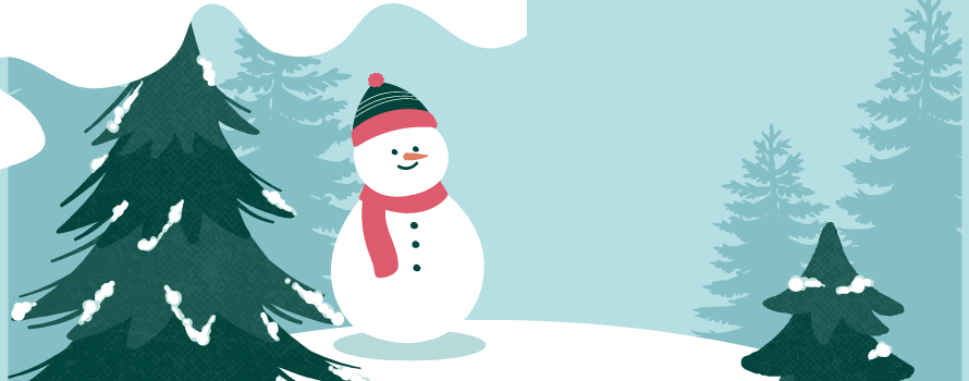 Obrazek przedstawia spokojną zimową scenę w delikatnych, stonowanych kolorach. Na pierwszym planie widoczny jest wesoły bałwanek w czerwonym szaliku i czapce. Bałwanek ma trzy guziki na swoim ciele i uśmiecha się. Obok bałwanka znajdują się dwie duże choinki pokryte śniegiem, które kontrastują swoim ciemnozielonym kolorem na tle białego śniegu. W tle widoczne są sylwetki kolejnych choinek pod jasnoniebieskim niebem.
