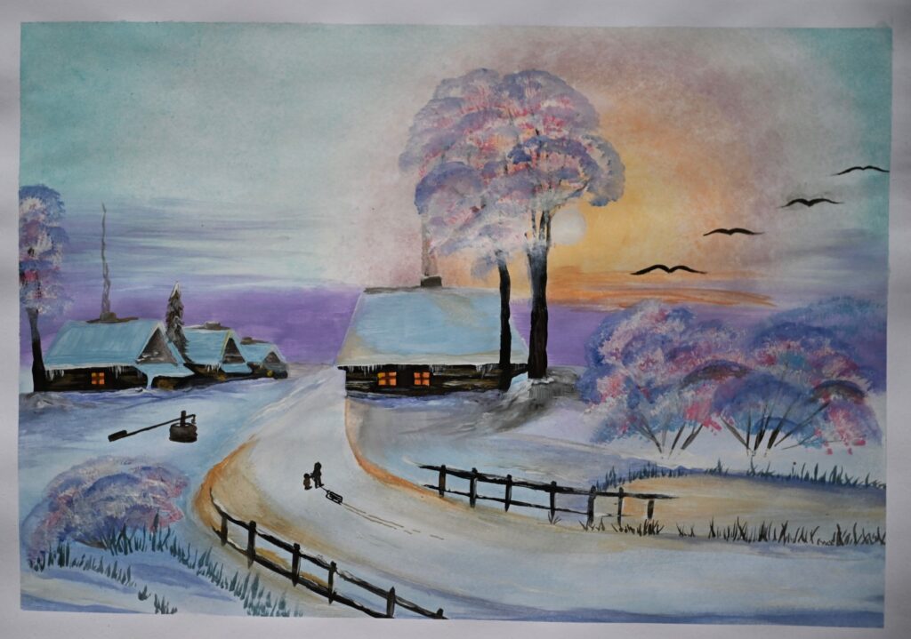 zimowy pejzaż, gdzie na pierwszym planie znajduje się dom przykryty śniegiem. Obraz przedstawia wioske zimowym wieczorem. Praca utrzymana jest w pastelowych kolorach.