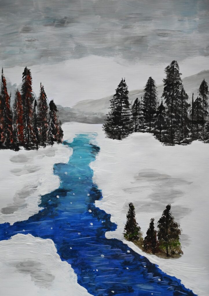Rysunek - zimowy las, którego środkiem płynie rzeka