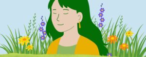 Ilustracja przedstawia postać z zamkniętymi oczami, otoczoną kwiatami i trawą na tle niebieskiego nieba. Postać ma zielone włosy, nosi kolczyki i pomarańczowy top.